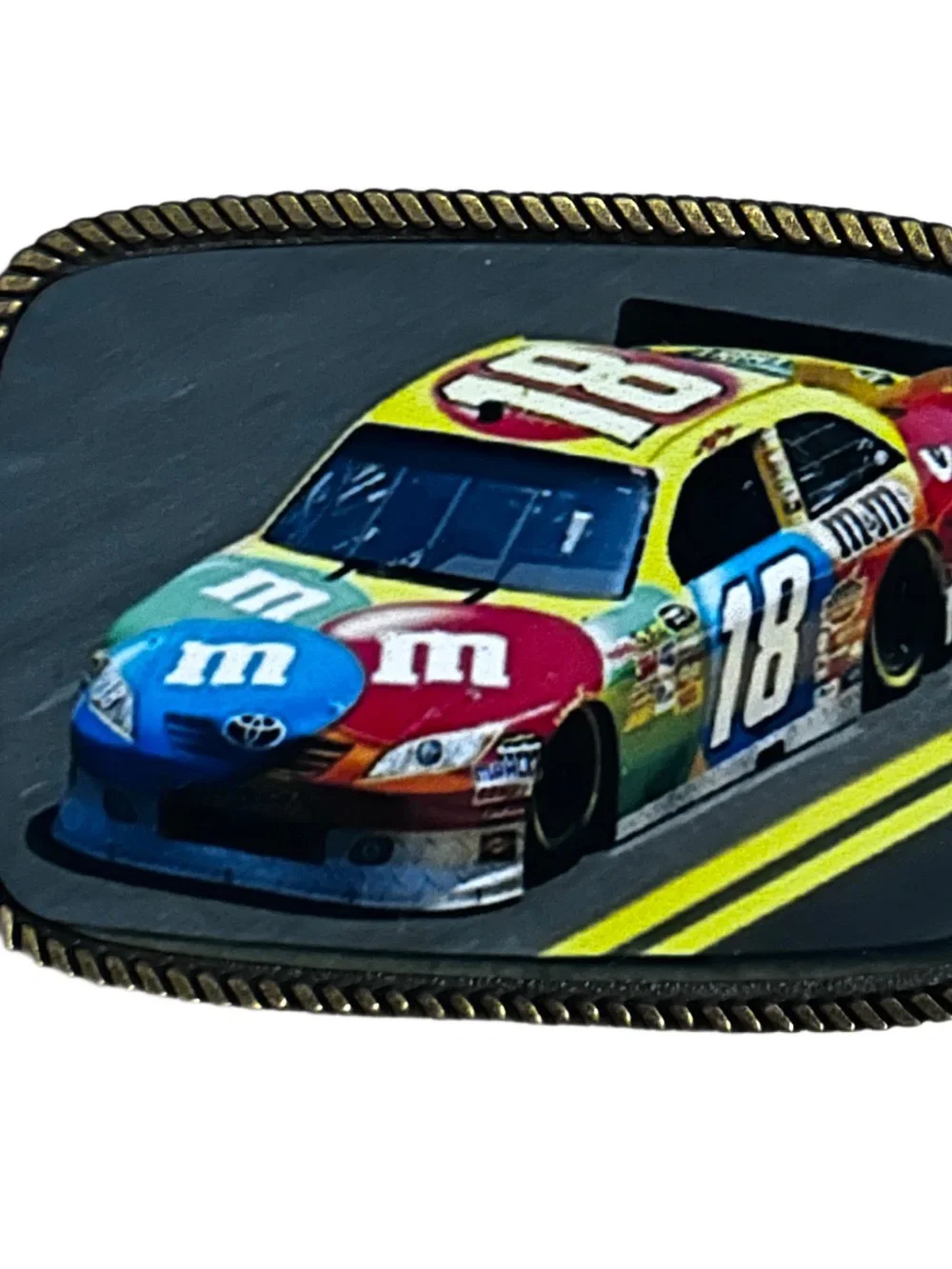 Kyle Busch's #18 M&M's NASCAR Multi-Colors ~ Gold Tone Metal Belt Buckle